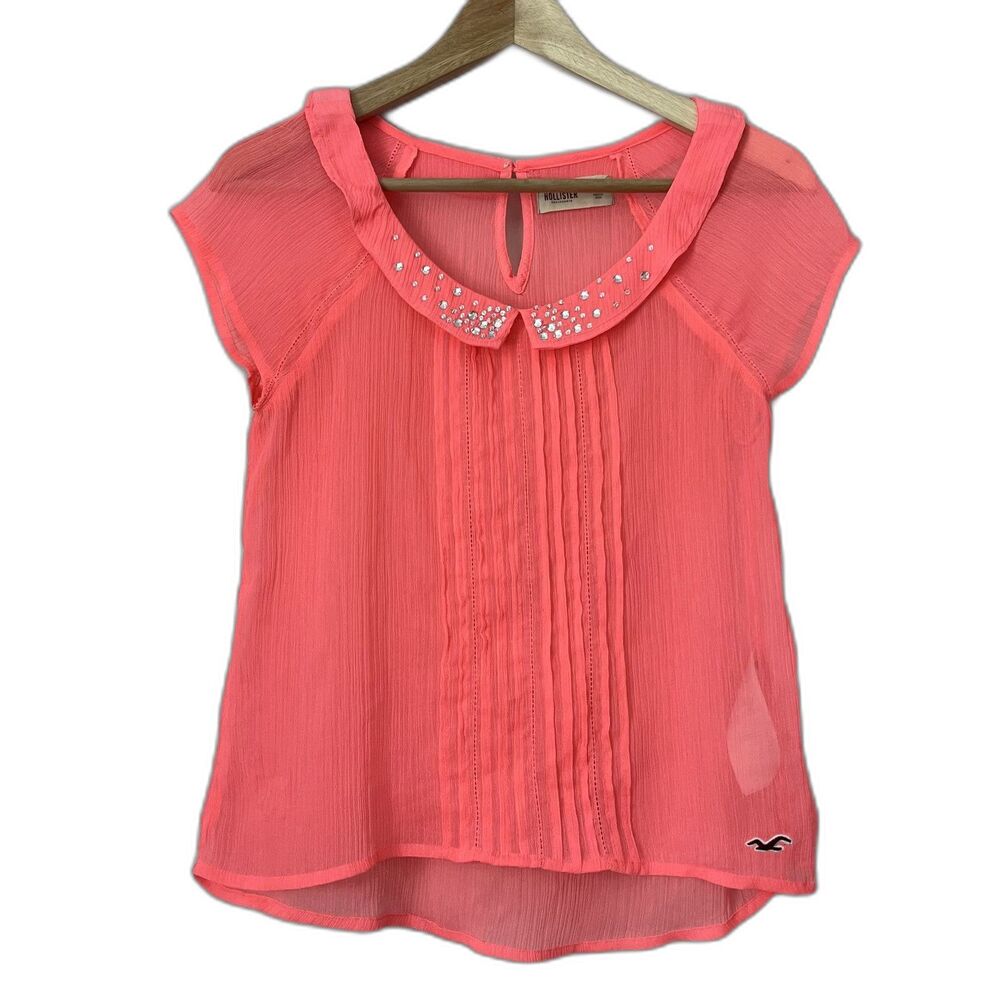 Hollister Semi Sheer Rhinestone Embellished Top XS Pink 2010s Glam Party Retro